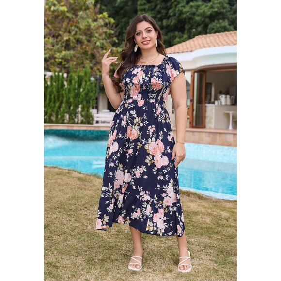 Plus Size Maxi Dress Floral Off Shoulder Empire Waist Casual Church - Picture 3 of 7